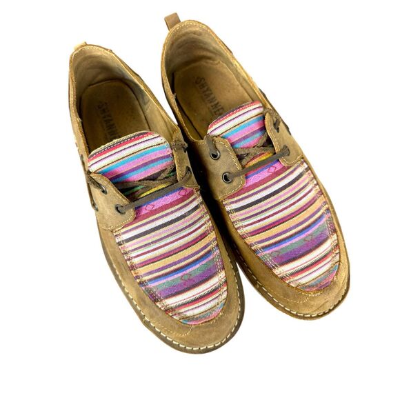 SHYANNE‎ Woven Stripe Brown Leather Slip On Moc Toe Casual Shoes size 11 - Picture 1 of 10